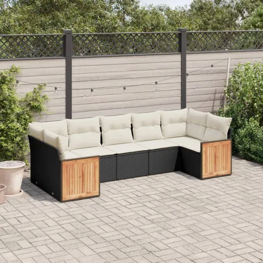 Conjunto de Sofás p/ Jardim c/ Almofadões Vime PE Preto (7 pcs)