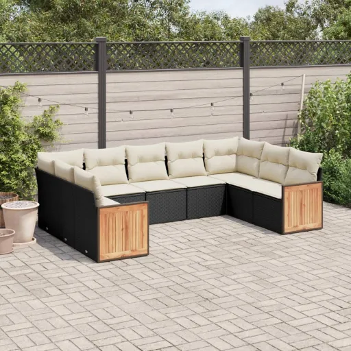 Conjunto de Sofás p/ Jardim c/ Almofadões Vime PE Preto (9 pcs)