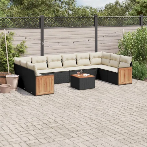Conjunto Sofás de Jardim c/ Almofadões Vime PE Preto (11 pcs)