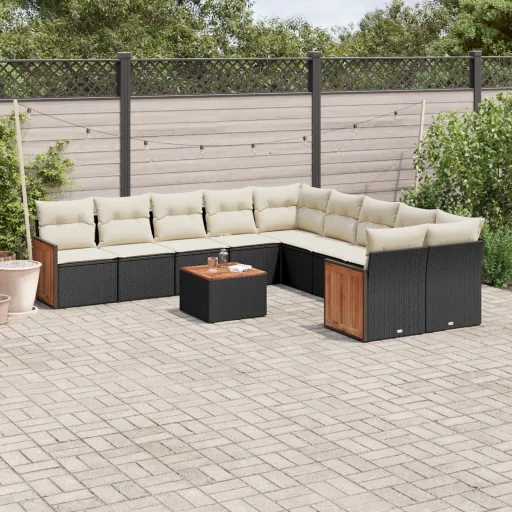 Conjunto Sofás de Jardim c/ Almofadões Vime PE Preto (11 pcs)