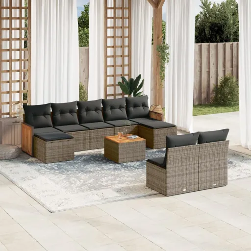 Conjunto Sofás de Jardim c/ Almofadões Vime PE Cinzento (10 pcs)
