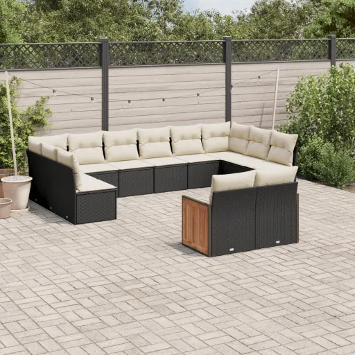 Conjunto de Sofás de Jardim c/ Almofadões Vime PE Preto (12 pcs)