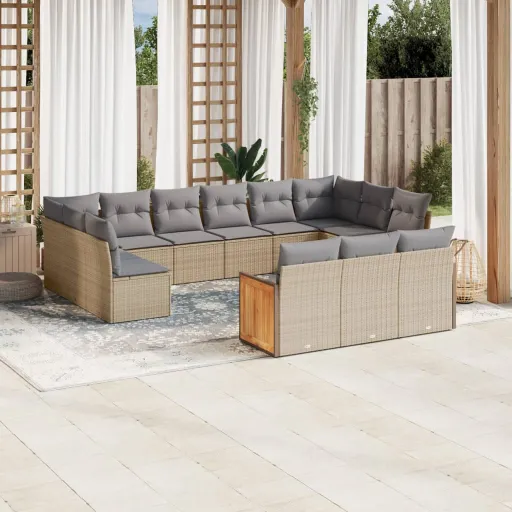 Conjunto de Sofás p/ Jardim com Almofadões Vime PE Bege (13 pcs)