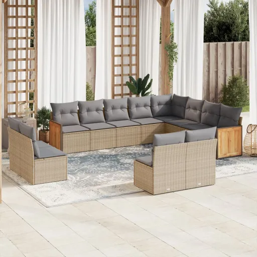 Conjunto de Sofás p/ Jardim com Almofadões Vime PE Bege (12 pcs)
