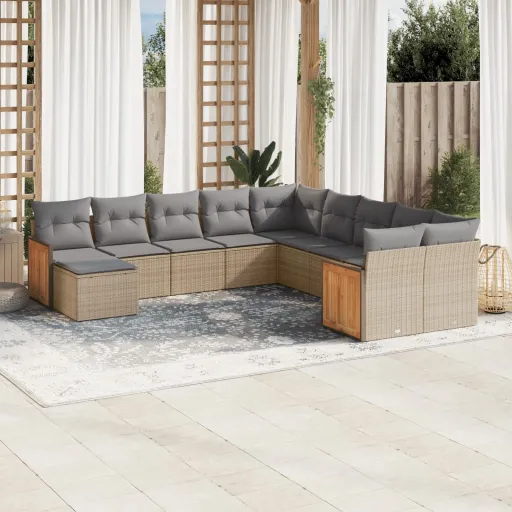 Conjunto Sofás de Jardim c/ Almofadões Vime PE Bege (11 pcs)