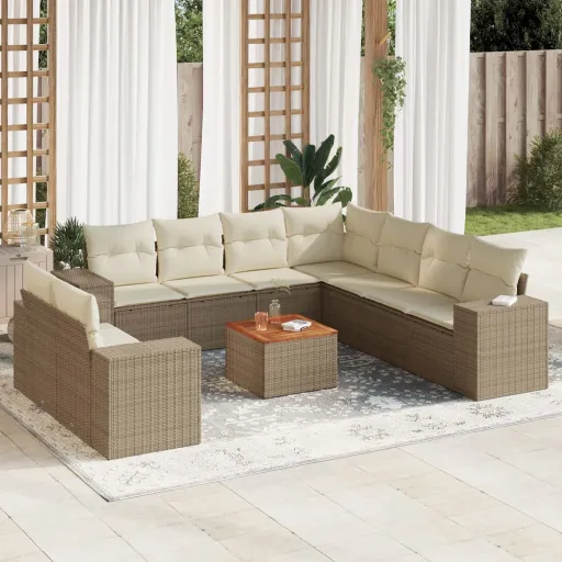 Conjunto de Sofás p/ Jardim com Almofadões Vime PE Bege (10 pcs)