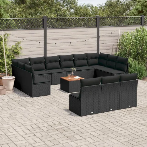 Conjunto de Sofás p/ Jardim c/ Almofadões Vime PE Preto (14 pcs)