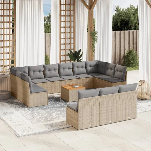 Conjunto de Sofás p/ Jardim com Almofadões Vime PE Bege (14 pcs)