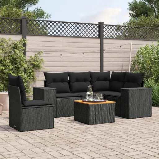 Conjunto Sofás de Jardim c/ Almofadões Vime PE Preto (6 pcs)