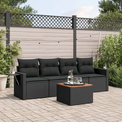 Conjunto Sofás de Jardim com Almofadões Vime PE Preto (5 pcs)