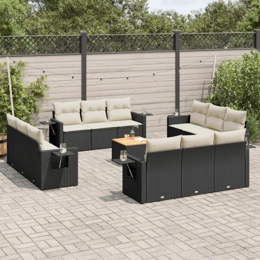 Conjunto de Sofás de Jardim com Almofadões Vime PE Preto (13 pcs)