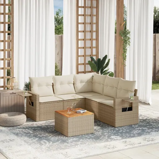 Conjunto de Sofás p/ Jardim com Almofadões Vime PE Bege (6 pcs)