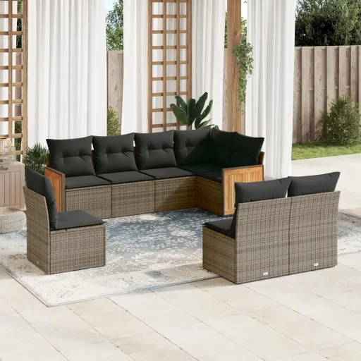 Conjunto Sofás de Jardim c/ Almofadões Vime PE Cinzento (8 pcs)