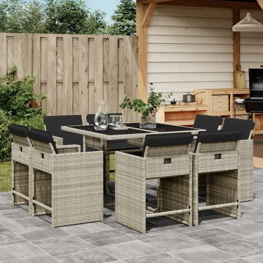 Conjunto de Jantar p/ Jardim c/ Almofadões Cinzento Claro (9 pcs)
