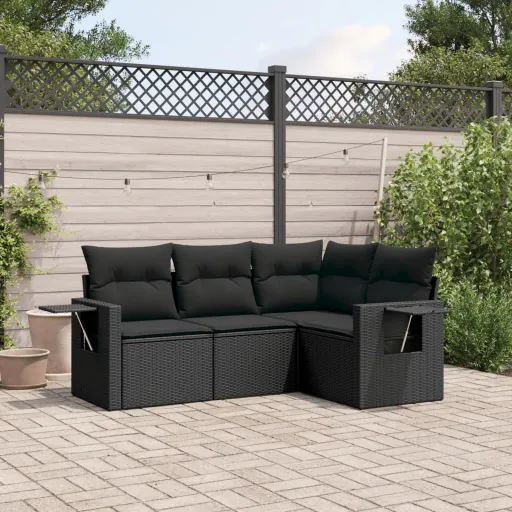 Conjunto de Sofás para Jardim c/ Almofadões Vime PE Preto (4 pcs)