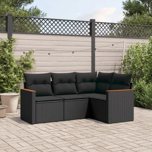 Conjunto de Sofás para Jardim c/ Almofadões Vime PE Preto (4 pcs)