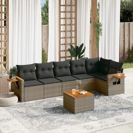 Conjunto Sofás p/ Jardim c/ Almofadões Vime PE Cinzento (7 pcs)