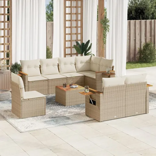 Conjunto de Sofás p/ Jardim com Almofadões Vime PE Bege (9 pcs)