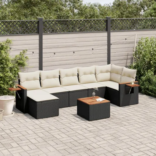 Conjunto Sofás de Jardim com Almofadões Vime PE Preto (8 pcs)