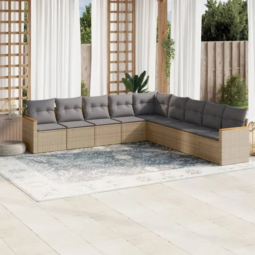 Conjunto de Sofás p/ Jardim com Almofadões Vime PE Bege (9 pcs)