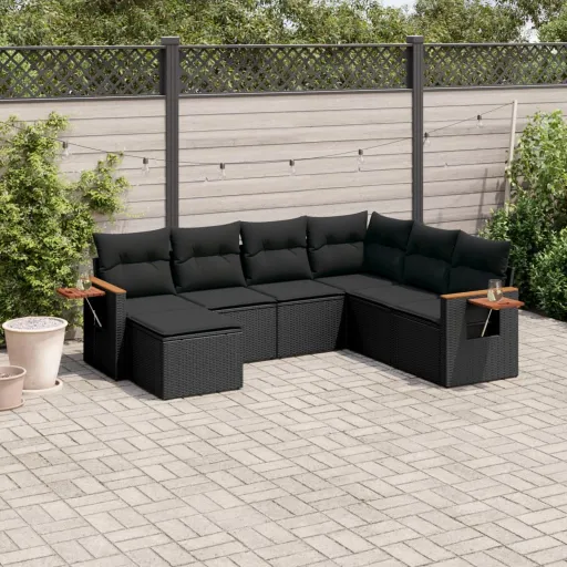 Conjunto de Sofás p/ Jardim c/ Almofadões Vime PE Preto (7 pcs)