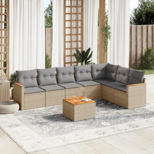 Conjunto de Sofás p/ Jardim com Almofadões Vime PE Bege (8 pcs)
