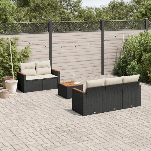 Conjunto Sofás de Jardim c/ Almofadões Vime PE Preto (6 pcs)