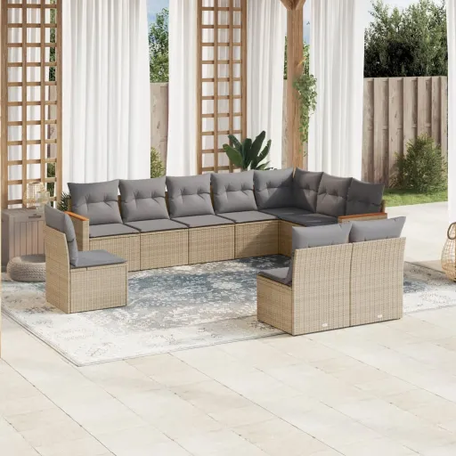 Conjunto de Sofás p/ Jardim com Almofadões Vime PE Bege (10 pcs)
