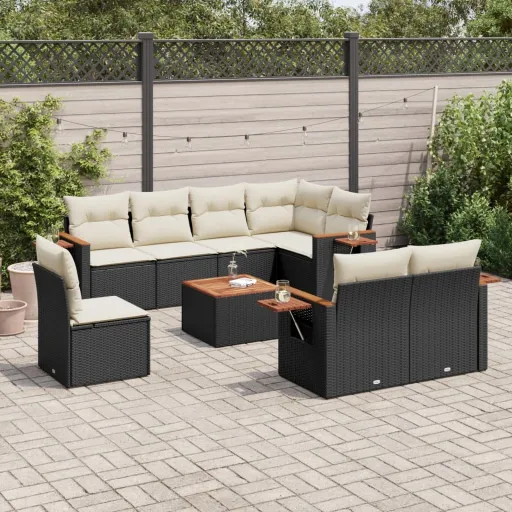 Conjunto de Sofás p/ Jardim c/ Almofadões Vime PE Preto (9 pcs)