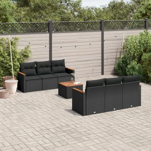 Conjunto de Sofás p/ Jardim c/ Almofadões Vime PE Preto (7 pcs)