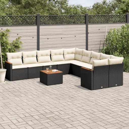 Conjunto Sofás de Jardim c/ Almofadões Vime PE Preto (11 pcs)
