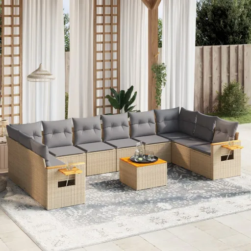 Conjunto Sofás de Jardim c/ Almofadões Vime PE Bege (11 pcs)