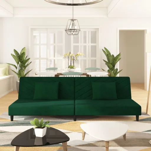 Sofá-Cama 2 Lugares com Duas Almofadas Veludo Verde-Escuro