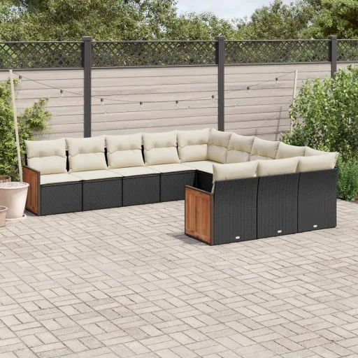 Conjunto Sofás de Jardim c/ Almofadões Vime PE Preto (11 pcs)