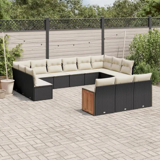 Conjunto de Sofás de Jardim com Almofadões Vime PE Preto (13 pcs)
