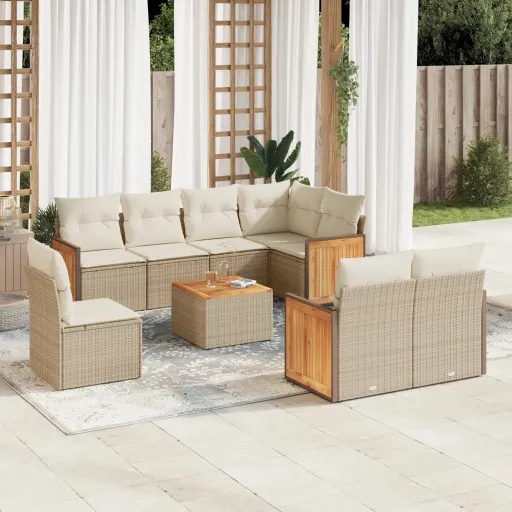 Conjunto de Sofás p/ Jardim com Almofadões Vime PE Bege (9 pcs)