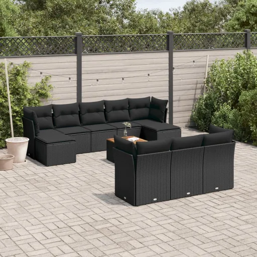 Conjunto Sofás de Jardim c/ Almofadões Vime PE Preto (11 pcs)