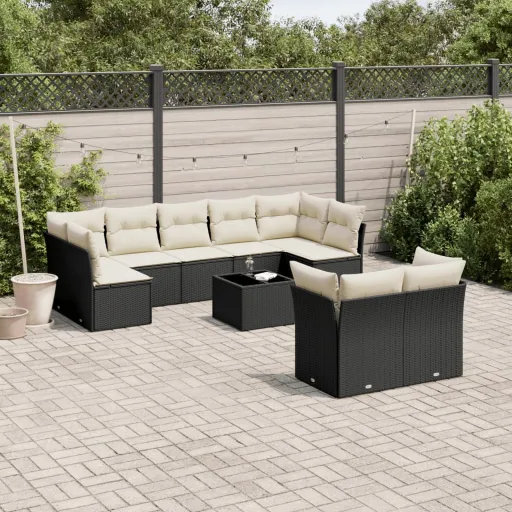 Conjunto Sofás de Jardim c/ Almofadões Vime PE Preto (10 pcs)