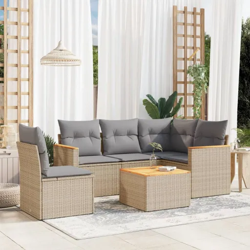 Conjunto de Sofás p/ Jardim com Almofadões Vime PE Bege (6 pcs)
