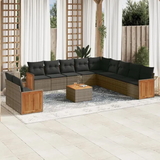Conjunto de Sofás Jardim c/ Almofadões Vime PE Cinzento (12 pcs)