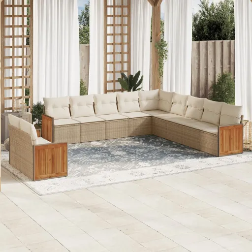 Conjunto Sofás de Jardim c/ Almofadões Vime PE Bege (11 pcs)