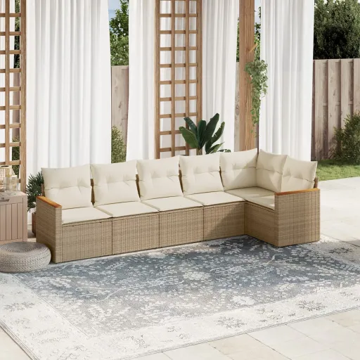 Conjunto de Sofás p/ Jardim com Almofadões Vime PE Bege (6 pcs)