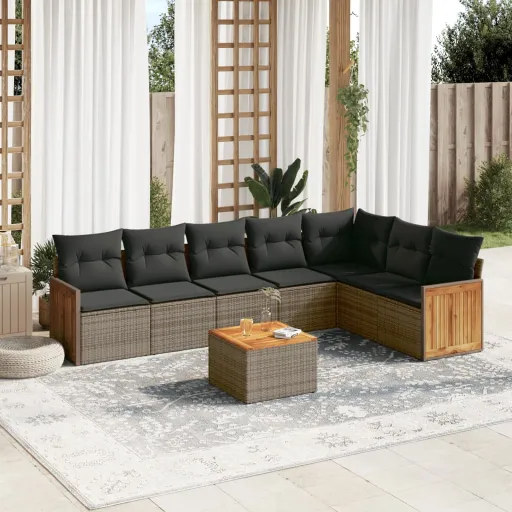 Conjunto Sofás de Jardim c/ Almofadões Vime PE Cinzento (8 pcs)