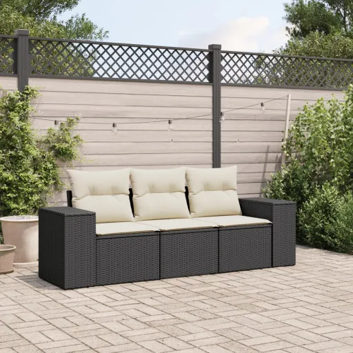 Conjunto Sofás de Jardim com Almofadões Vime PE Preto (3 pcs)
