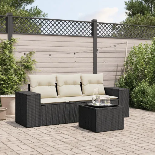 Conjunto de Sofás para Jardim c/ Almofadões Vime PE Preto (4 pcs)