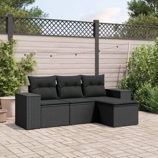 Conjunto de Sofás para Jardim c/ Almofadões Vime PE Preto (4 pcs)
