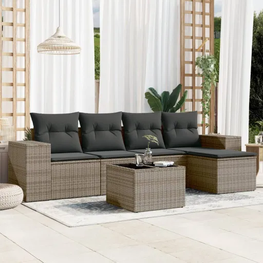 Conjunto Sofás de Jardim com Almofadões Vime Cinzento (6 pcs)