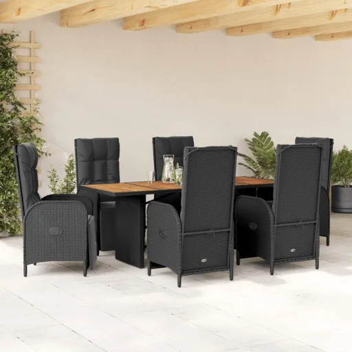Conjunto de Jantar p/ Jardim c/ Almofadões Vime PE Preto (7 pcs)