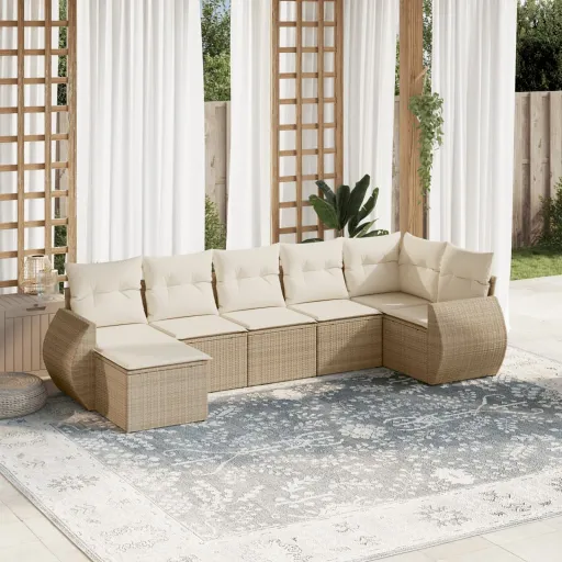 Conjunto de Sofás p/ Jardim com Almofadões Vime PE Bege (7 pcs)