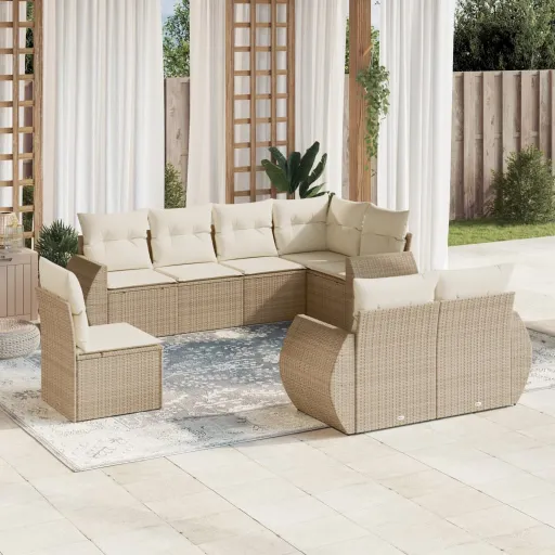 Conjunto de Sofás p/ Jardim com Almofadões Vime PE Bege (8 pcs)